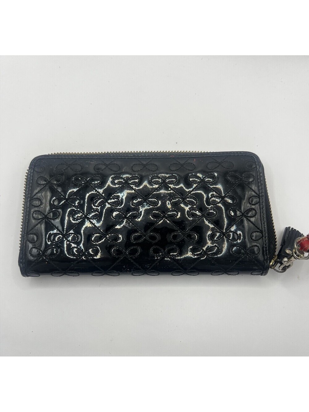 Anya Hindmarch Black Patent Quilted Bow Zip Around Continental Wallet Wristlet